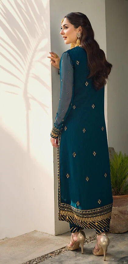 03 Piece Stitched Chiffon Embroidered Designer Dress - Ready To Wear
