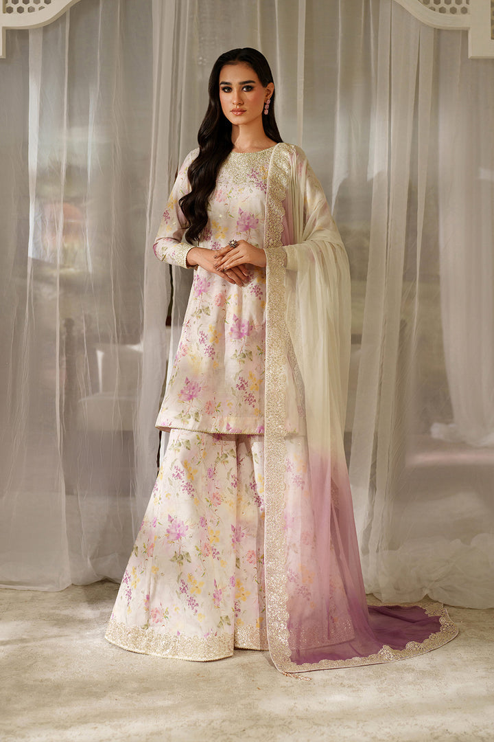 Embroidered Raw Silk 3-Piece Stitched Suit with Printed Chiffon Dupatta | Ready To Wear