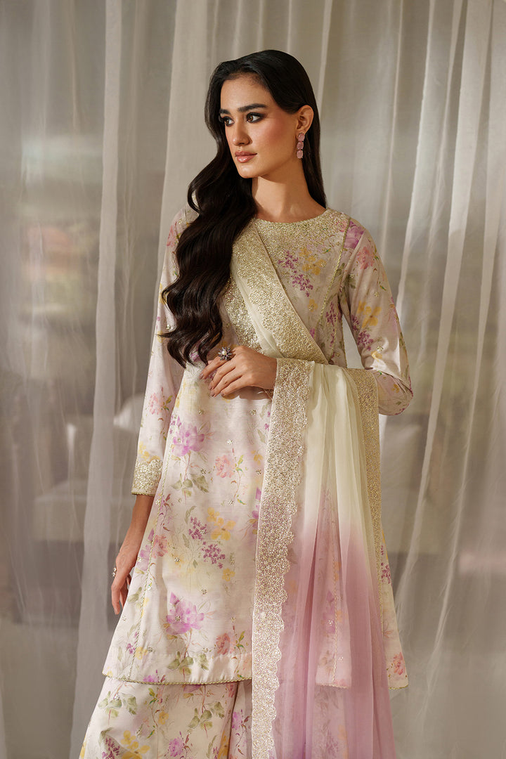Embroidered Raw Silk 3-Piece Stitched Suit with Printed Chiffon Dupatta | Ready To Wear