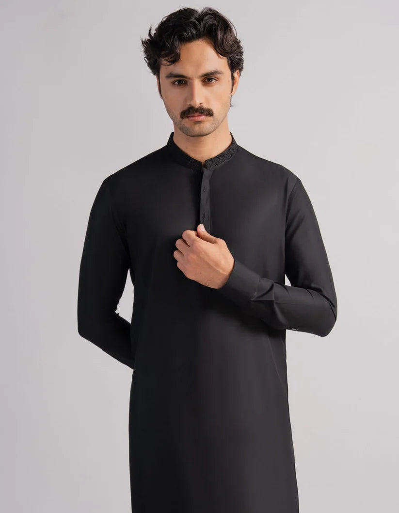 Black Blended Semi-Formal Kameez Shalwar for Men | Ready To Wear