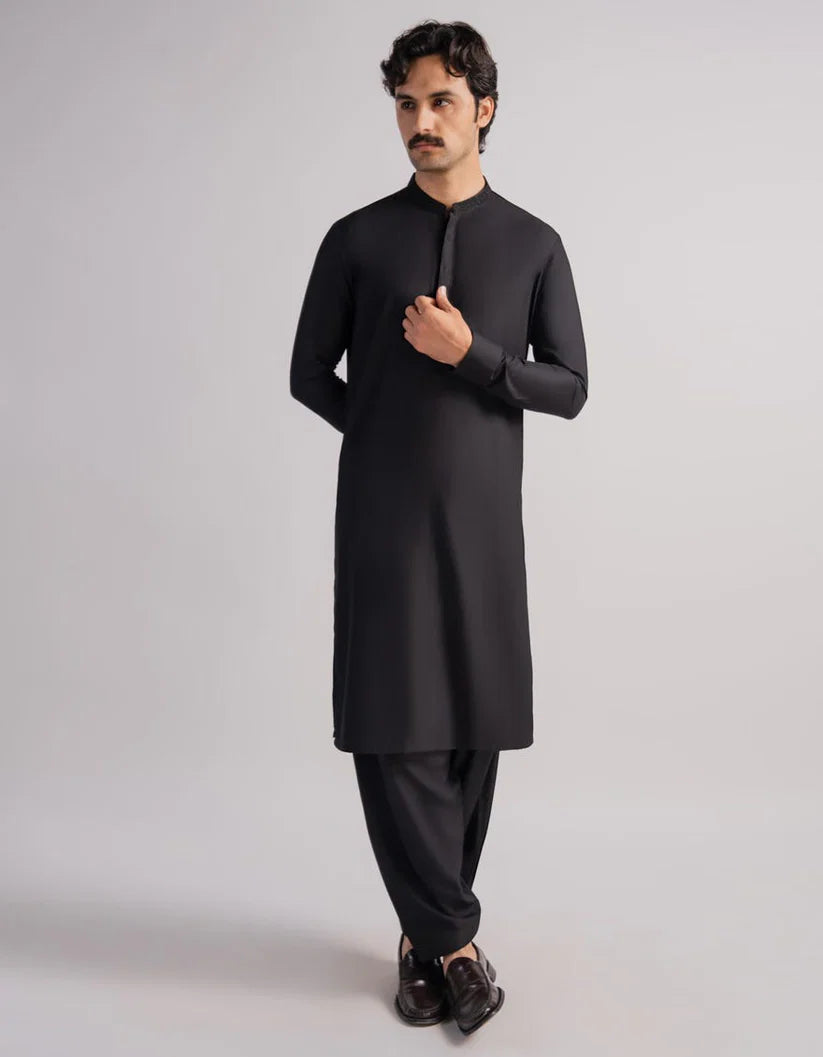 Black Blended Semi-Formal Kameez Shalwar for Men | Ready To Wear