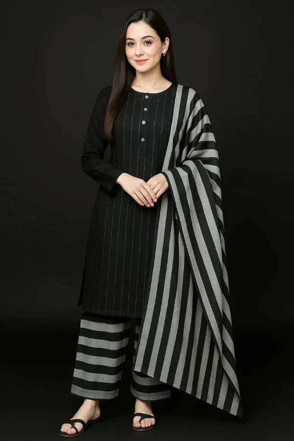 3 Piece Stitched Khaddar Suit - Ready To Wear