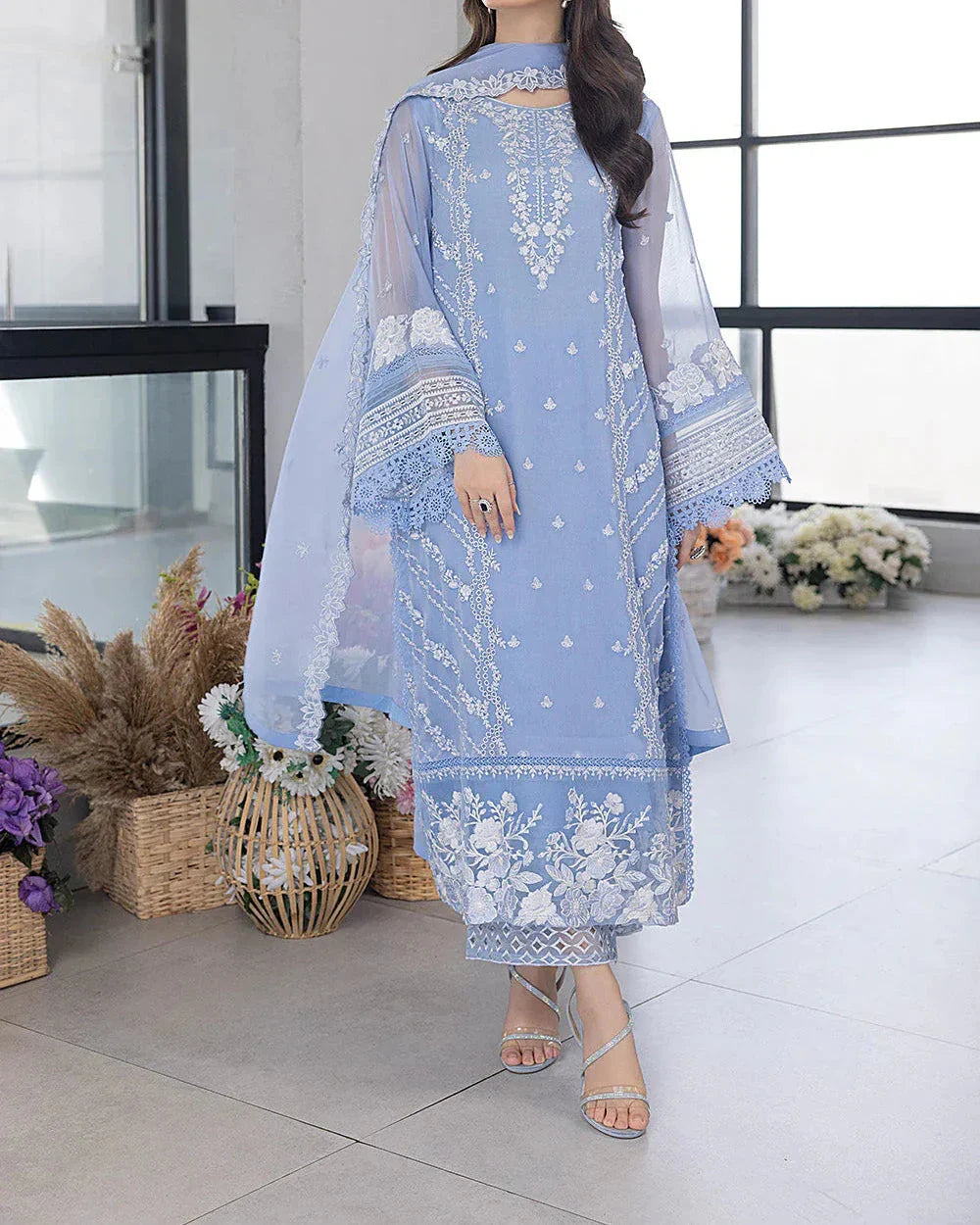 03 Piece Stitched Organza Full Embroidered Suit - Ready To Wear