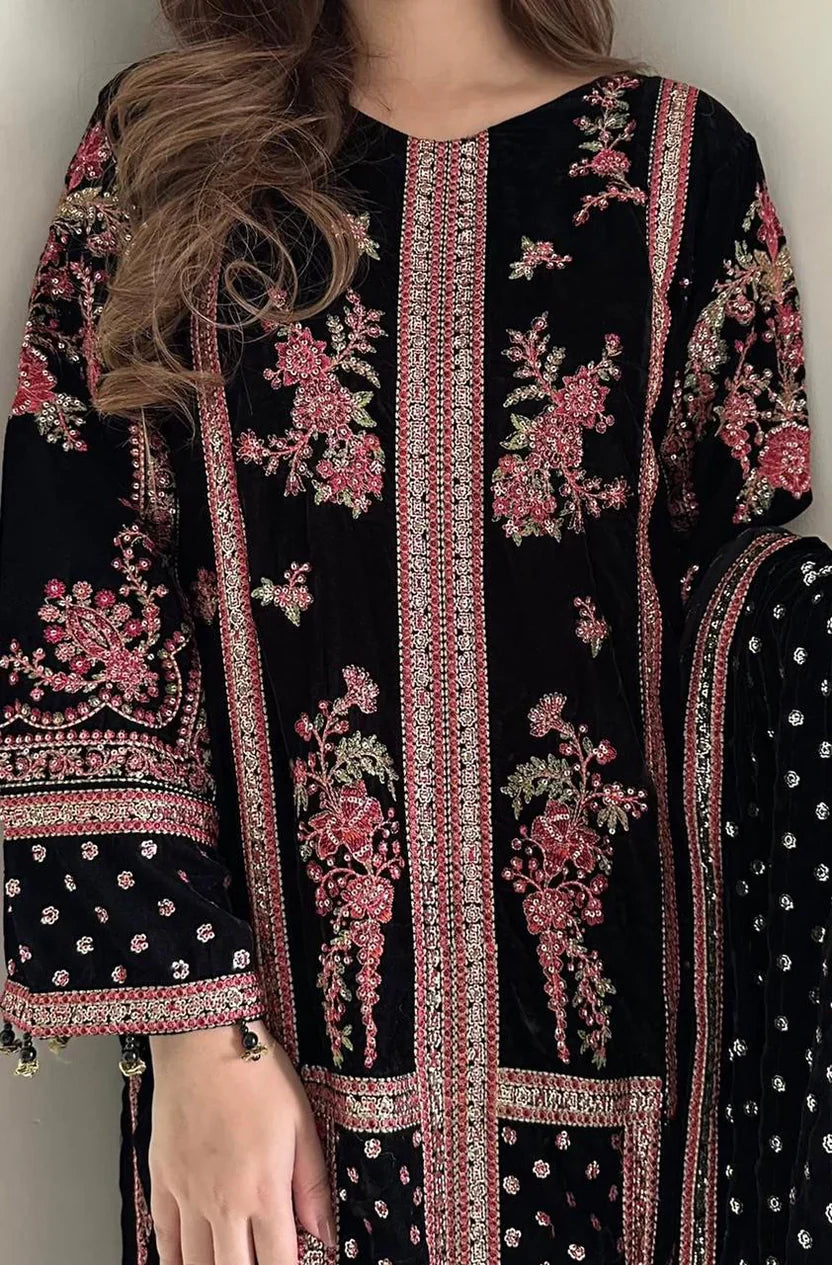 3 Piece Stitched Velvet Suit - Ready To Wear