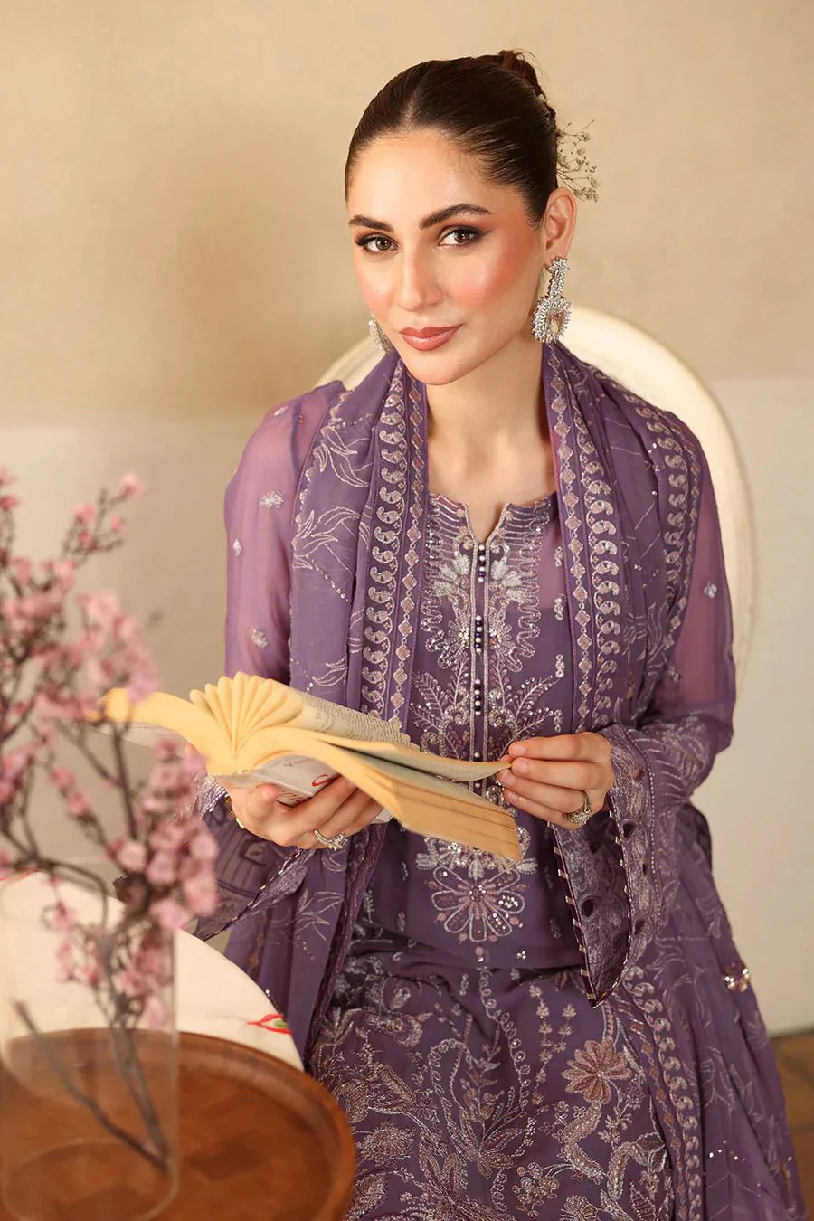 03 Piece Stitched Embroidered Chiffon Dress - Ready To Wear