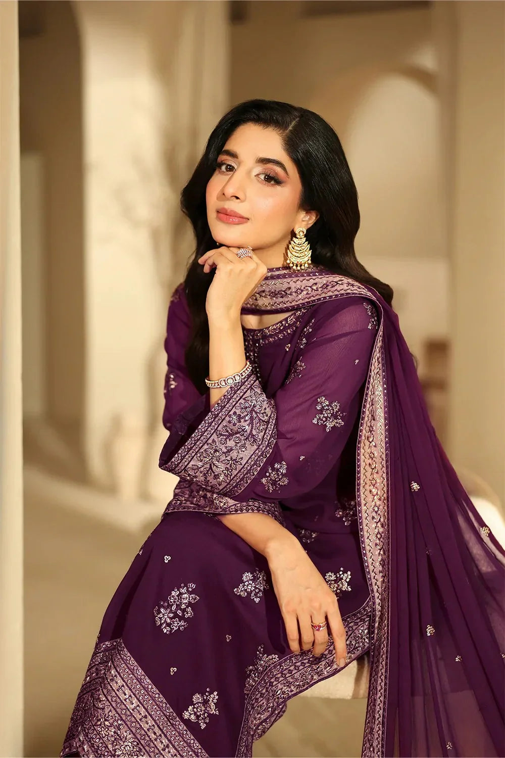 03 Piece Stitched Embroidered Chiffon Suit - Ready To Wear