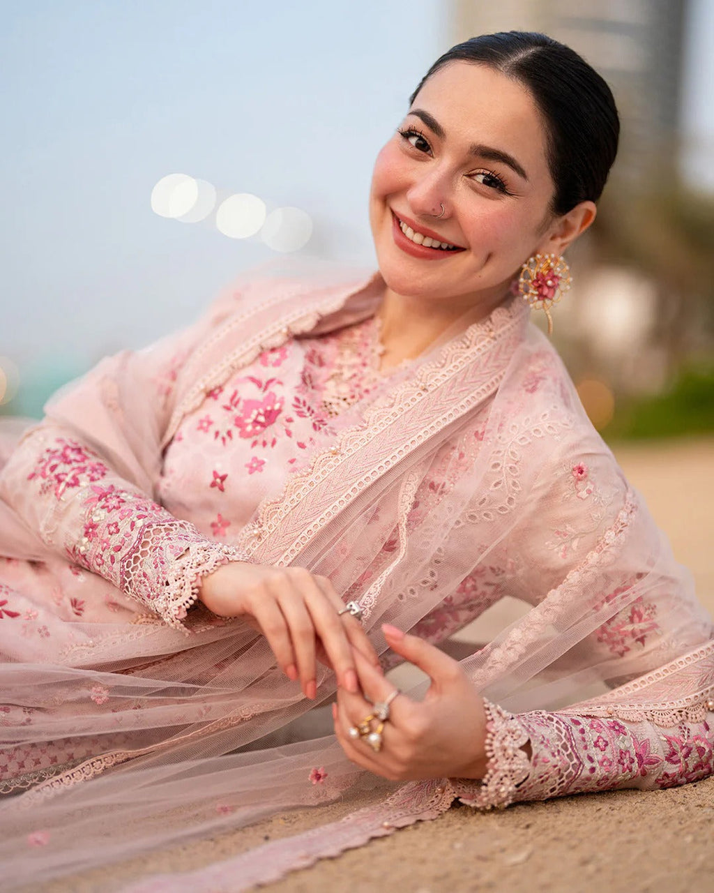 Lamija Blush Pink Embroidered Lawn 3-Piece Stitched Suit with Net & Organza Dupatta | Ready To Wear