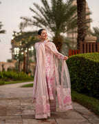 Lamija Blush Pink Embroidered Lawn 3-Piece Stitched Suit with Net & Organza Dupatta | Ready To Wear