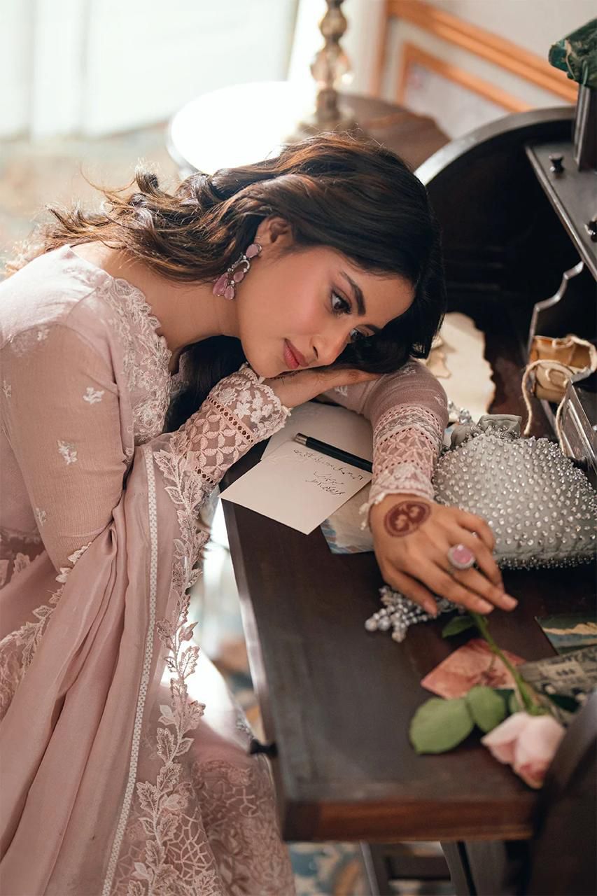 Embroidered Chiffon 3-Piece Stitched Suit with Organza Details & Malai Crape Trouser | Ready To Wear