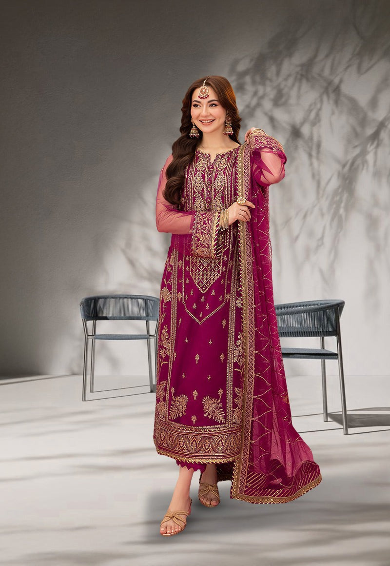 Heavy Sequence Embroidered Chiffon 3-Piece Stitched Suit with Net Dupatta & Malai Trouser | Ready To Wear