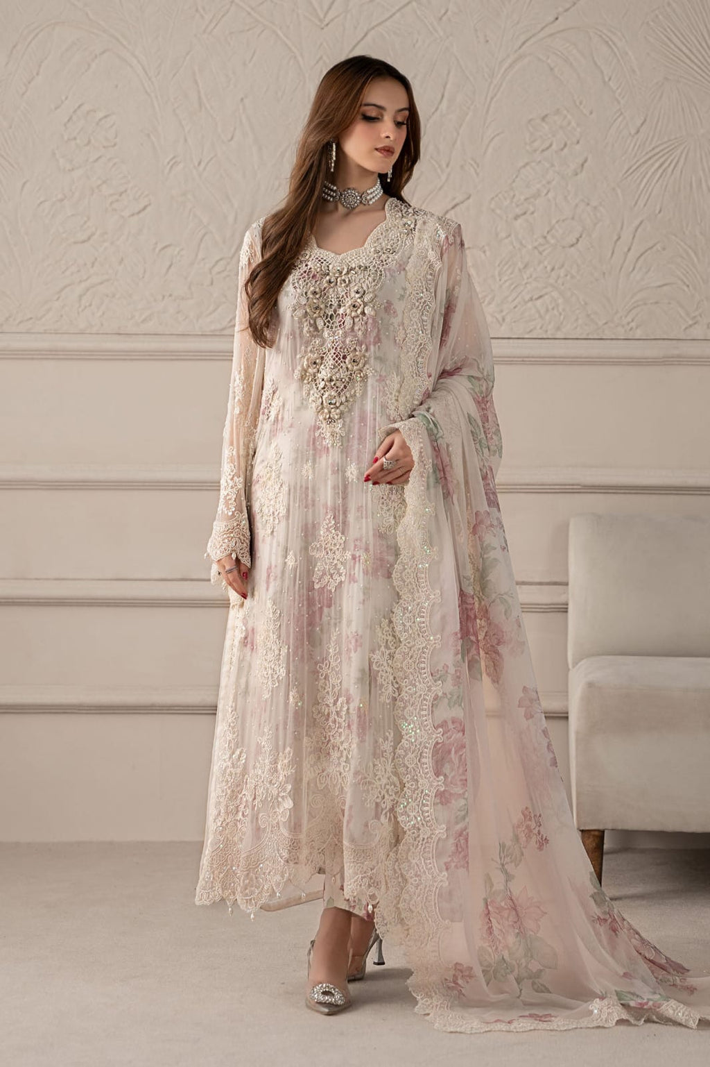 Embroidered Chiffon 3-Piece Stitched Suit with Adda Handwork & Digital Silk Dupatta | Ready To Wear