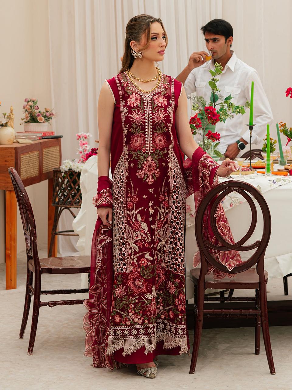 Heavy Embroidered Lawn 3-Piece Stitched Suit with Khadi Net Dupatta / Ready to wear