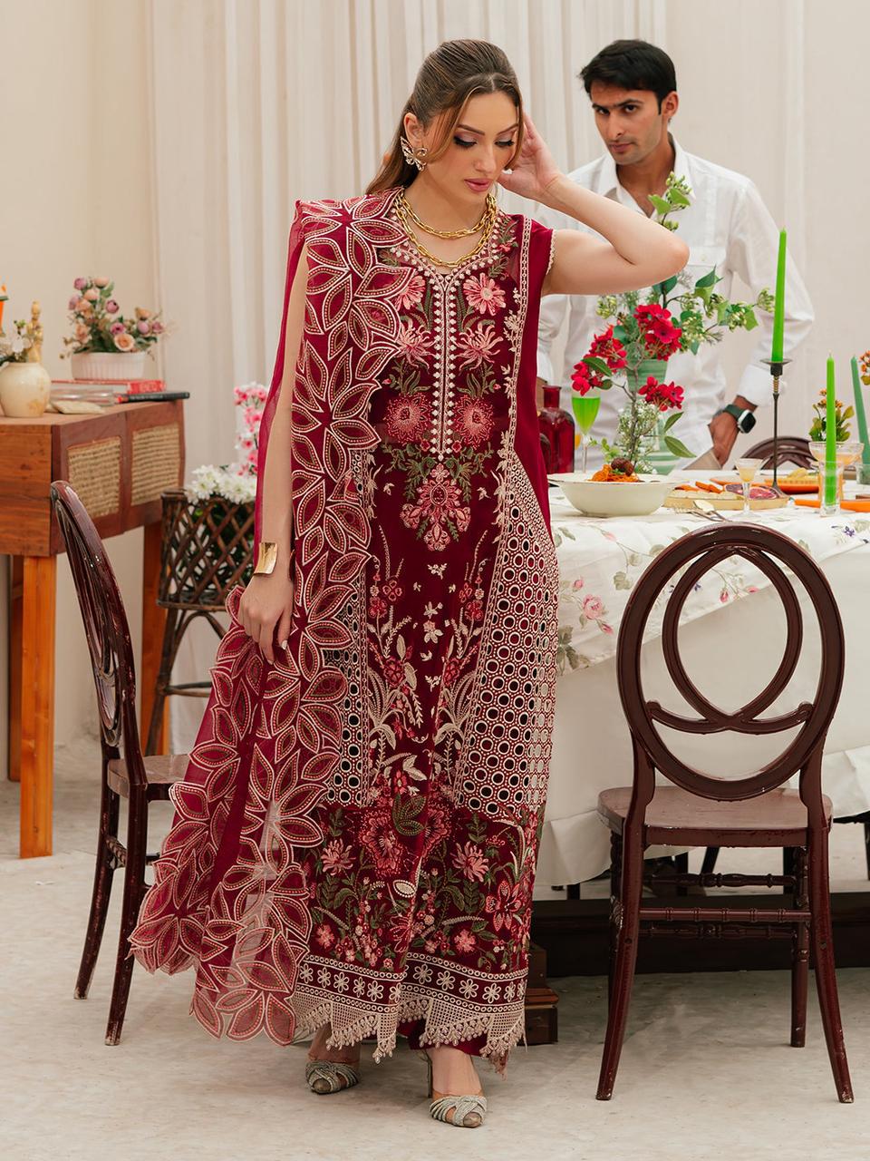 Heavy Embroidered Lawn 3-Piece Stitched Suit with Khadi Net Dupatta / Ready to wear