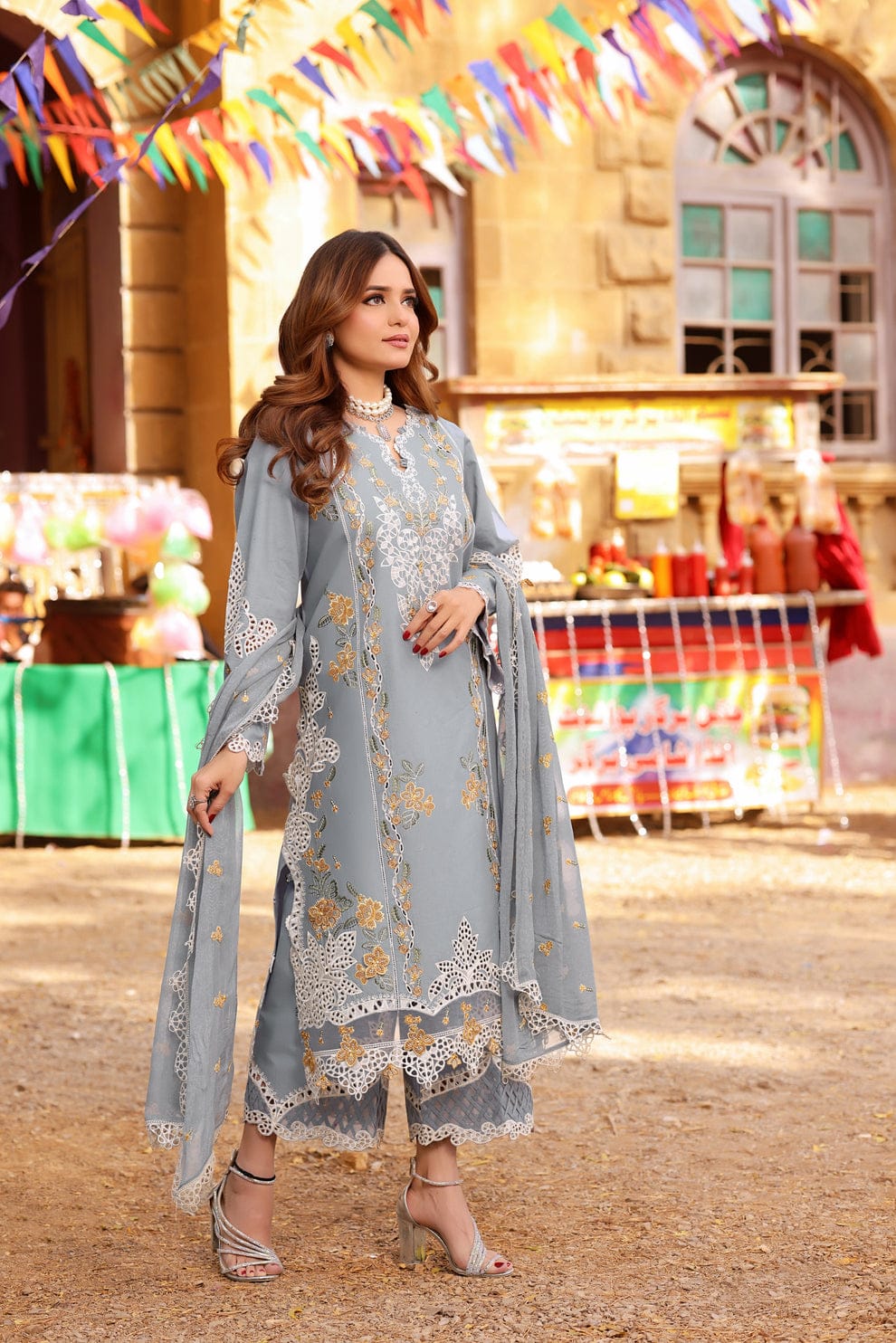 Luxury Chicken Kari 3-Piece Stitched Suit with Embroidered Patches & Chiffon Dupatta | Ready To Wear