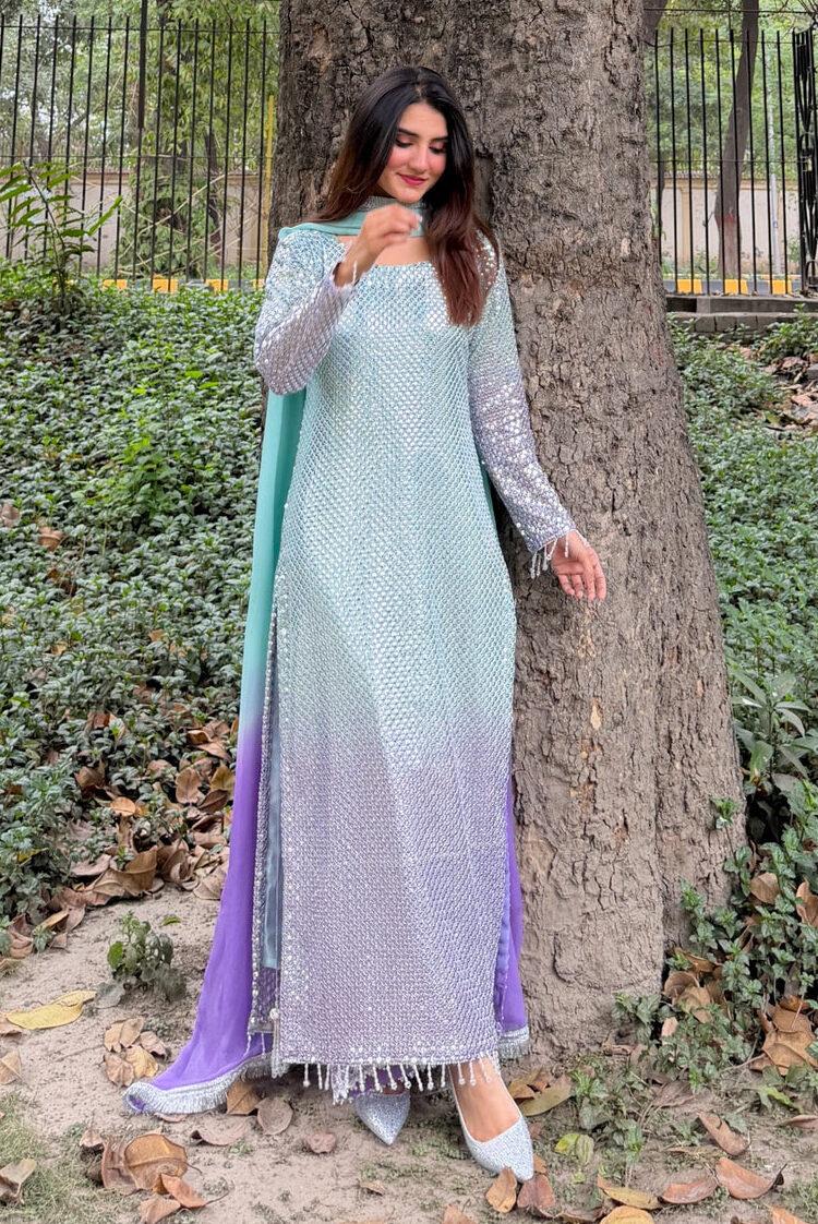 Heavy Embroidered Chiffon 3-Piece Stitched Suit with Sequence Katori Work & Chiffon Dupatta | Ready To Wear