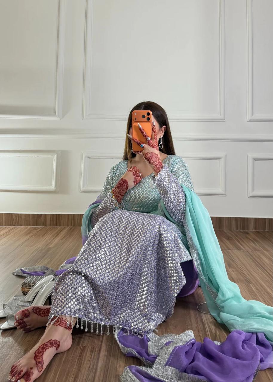 Heavy Embroidered Chiffon 3-Piece Stitched Suit with Sequence Katori Work & Chiffon Dupatta | Ready To Wear