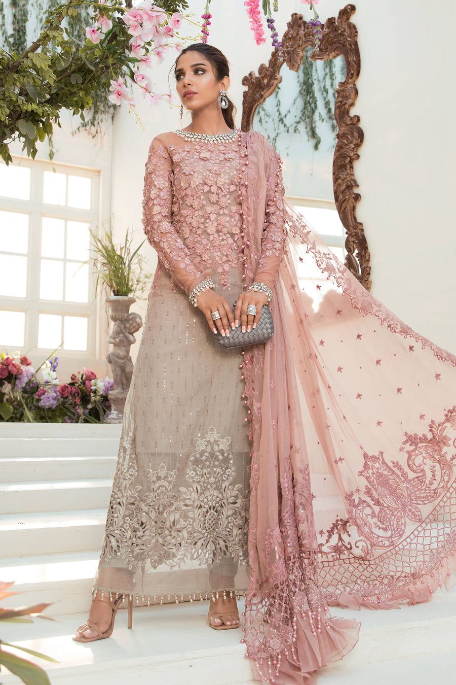 Sequence & 3D Flower Embroidered Chiffon 3-Piece Stitched Suit with Malai Trouser | Ready To Wear