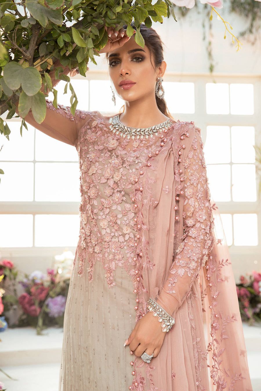 Sequence & 3D Flower Embroidered Chiffon 3-Piece Stitched Suit with Malai Trouser | Ready To Wear