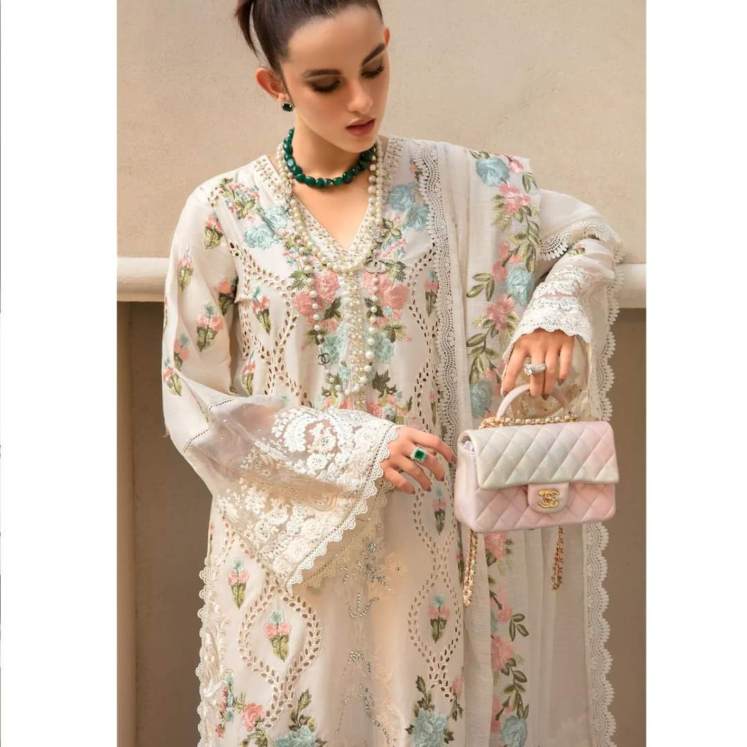Heavy Embroidered Schiffli Lawn 3-Piece Stitched Suit with Organza Dupatta & Handwork | Ready To Wear