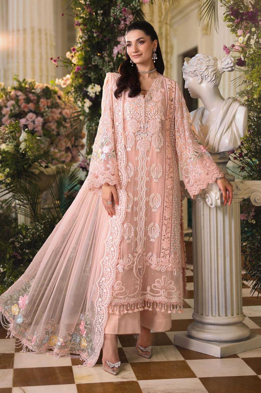Chikan Kari & Handwork Chiffon 3-Piece Stitched Suit with Malai Trouser | Ready To Wear