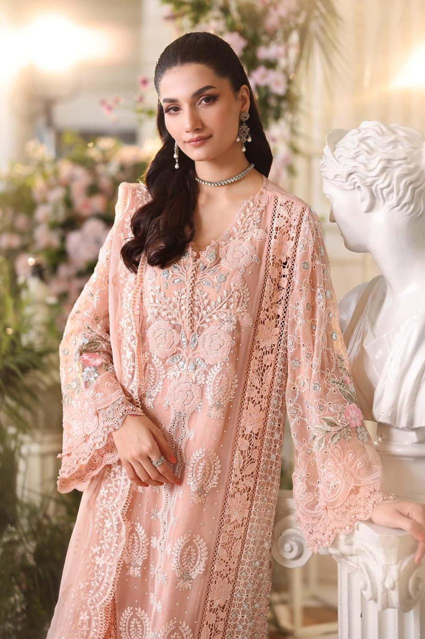 Chikan Kari & Handwork Chiffon 3-Piece Stitched Suit with Malai Trouser | Ready To Wear