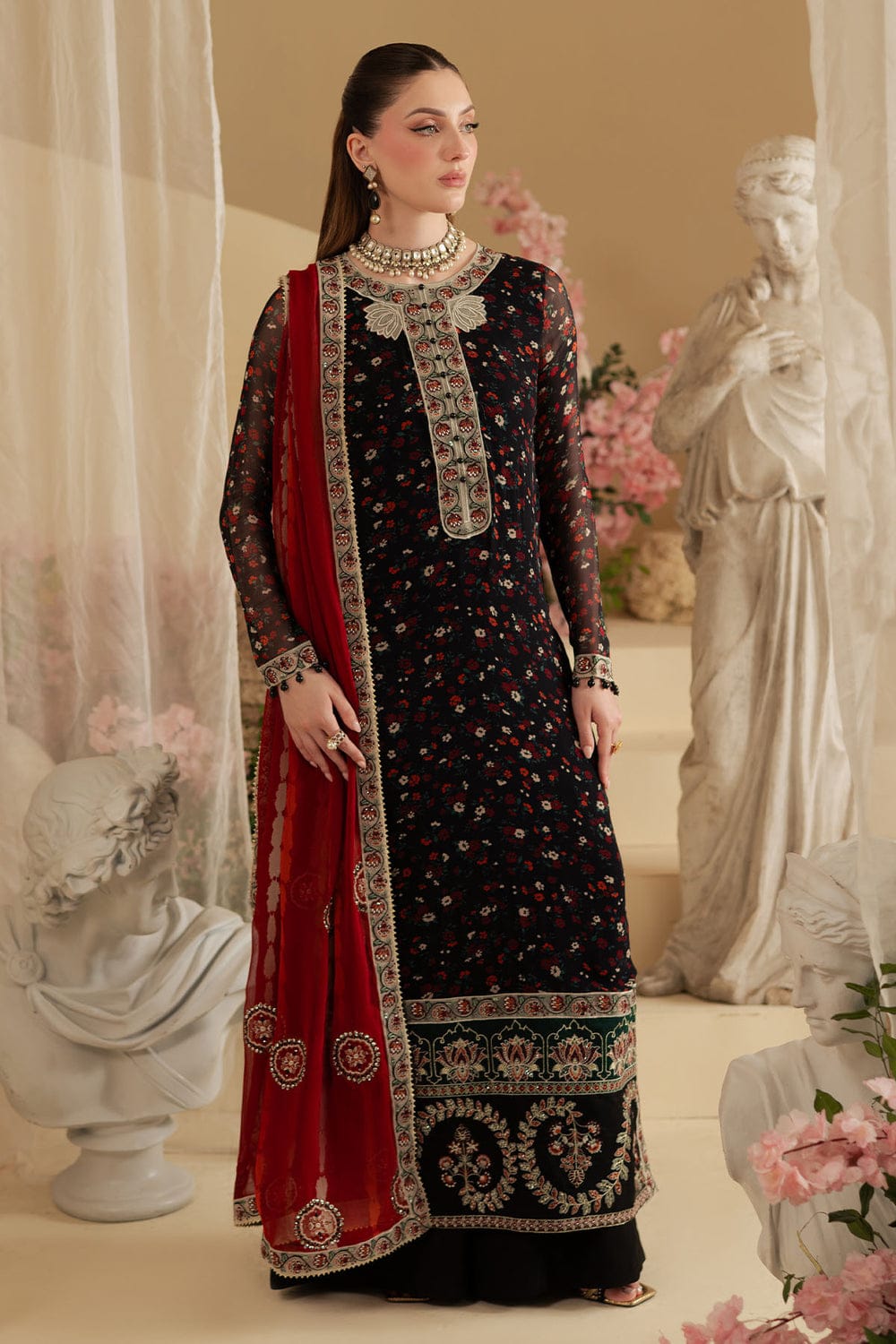 : Printed Chiffon 3-Piece Stitched Suit with Raw Silk Embroidered Details & Chiffon Dupatta | Ready To Wear