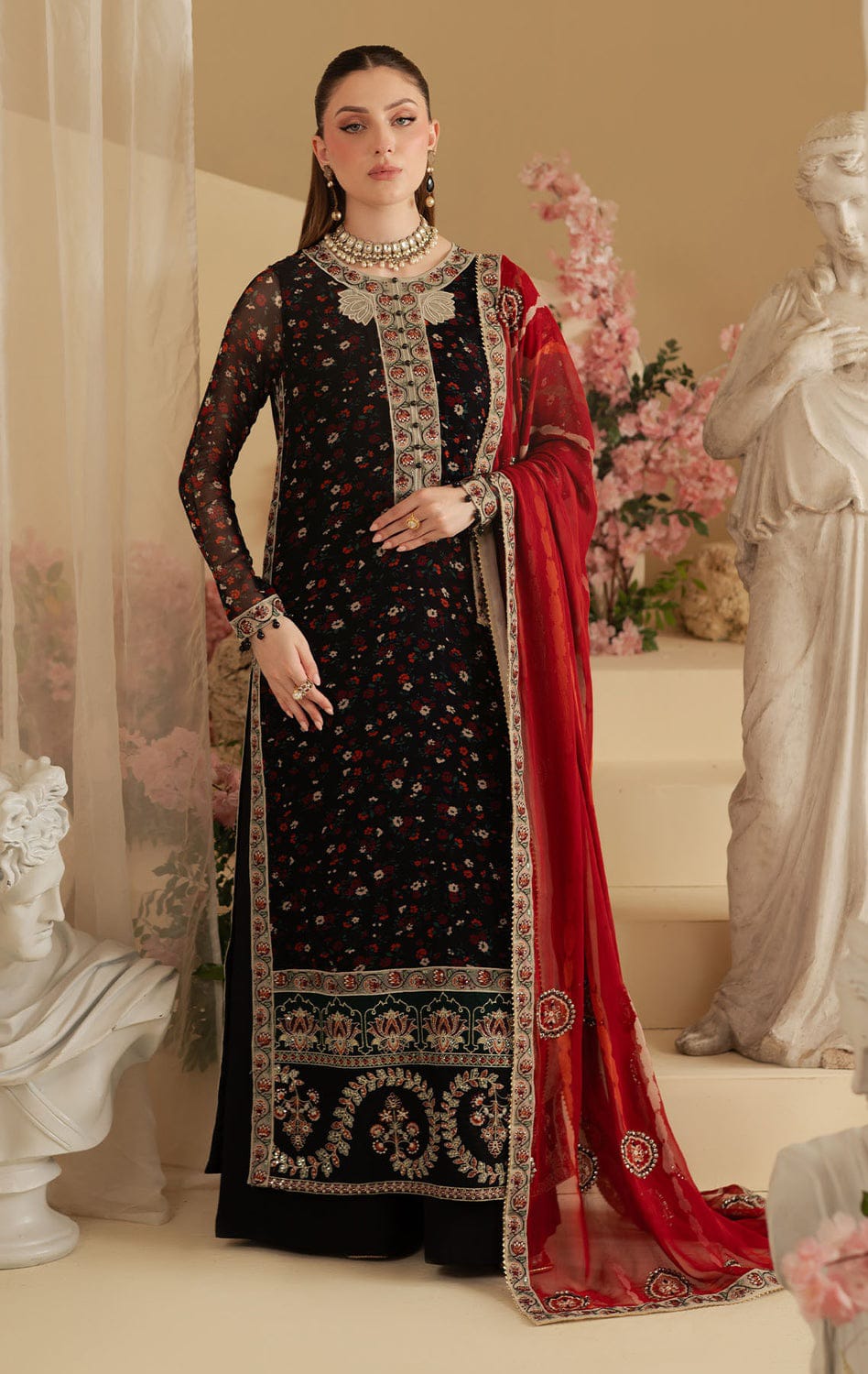 : Printed Chiffon 3-Piece Stitched Suit with Raw Silk Embroidered Details & Chiffon Dupatta | Ready To Wear