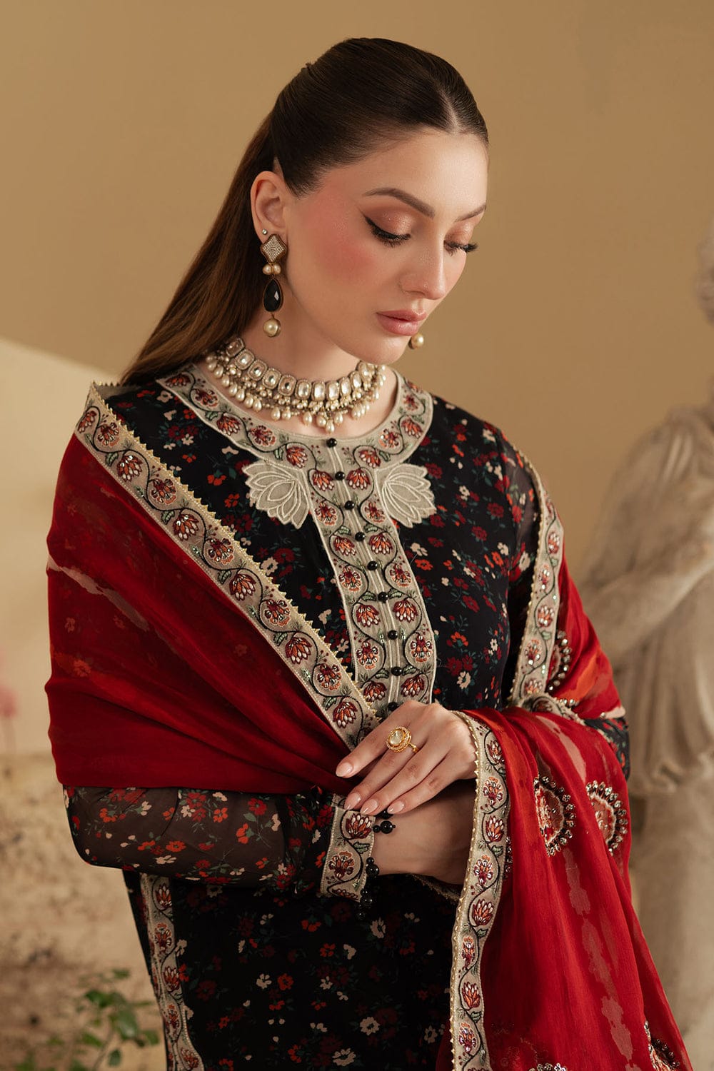 : Printed Chiffon 3-Piece Stitched Suit with Raw Silk Embroidered Details & Chiffon Dupatta | Ready To Wear