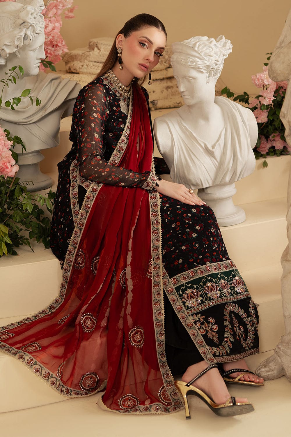 : Printed Chiffon 3-Piece Stitched Suit with Raw Silk Embroidered Details & Chiffon Dupatta | Ready To Wear