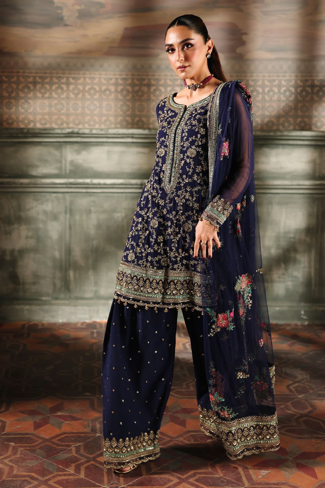 Embroidered Chiffon 3-Piece Stitched Suit with Organza Details & Silk Trouser | Ready To Wear