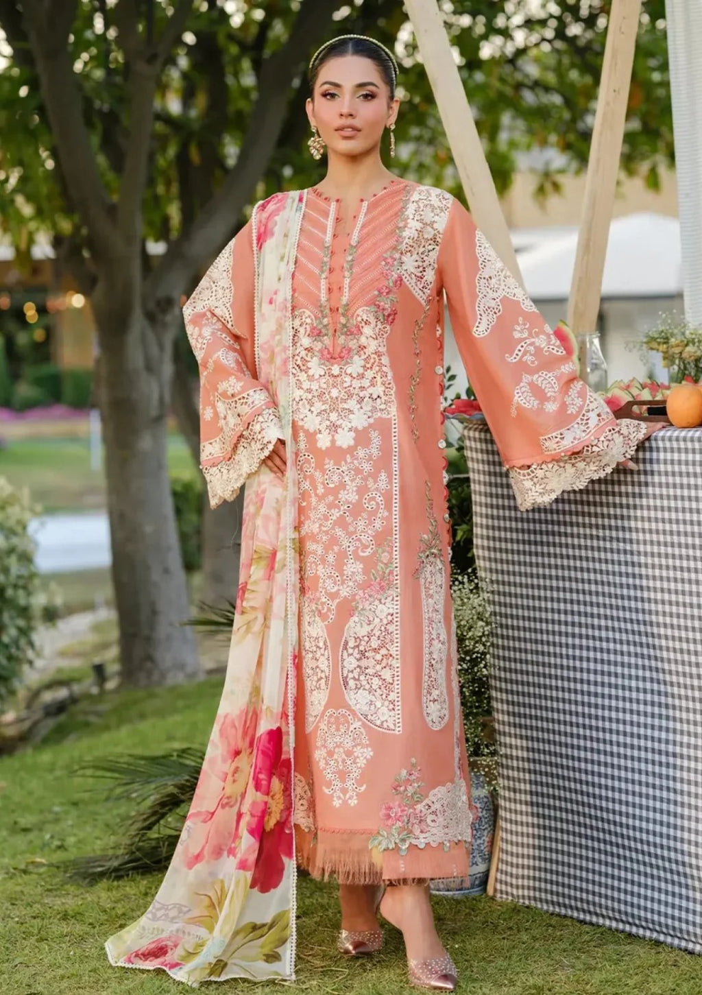 Embroidered Chikankari Lawn 3-Piece Stitched Suit with Silk Dupatta | Ready To Wear