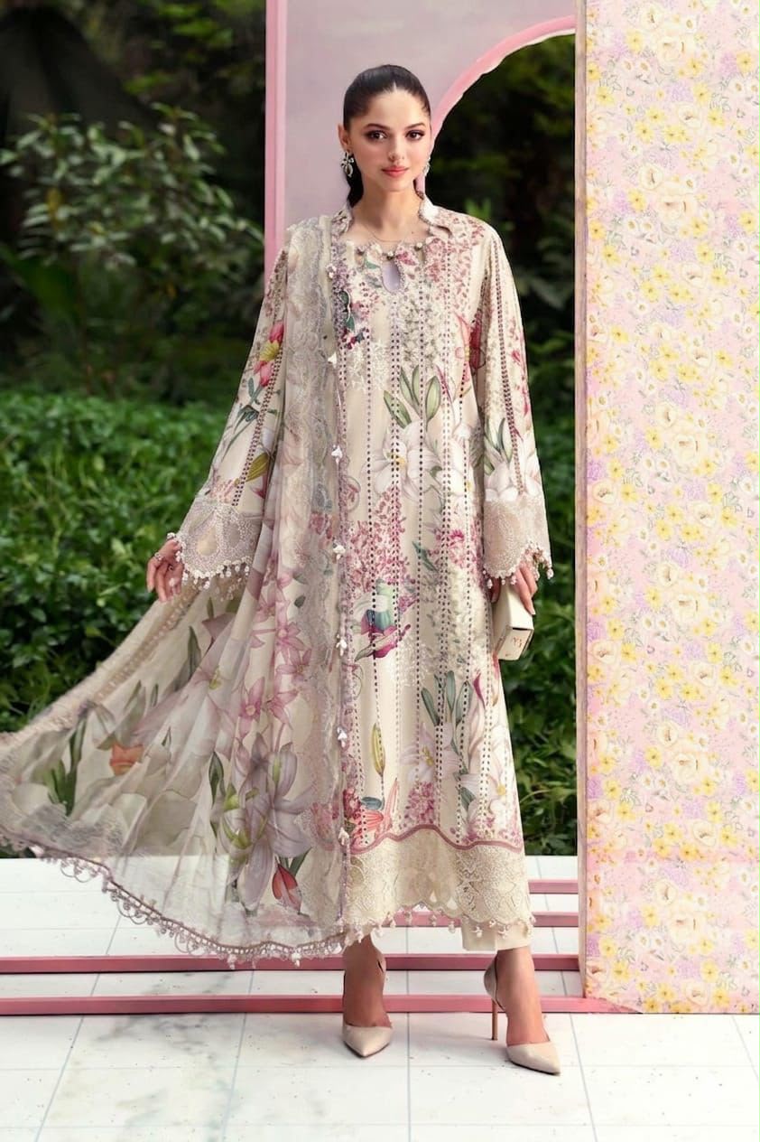 Printed Lawn Schiffli Embroidered 3-Piece Stitched Suit with Spangle Work & Chiffon Dupatta | Ready To Wear