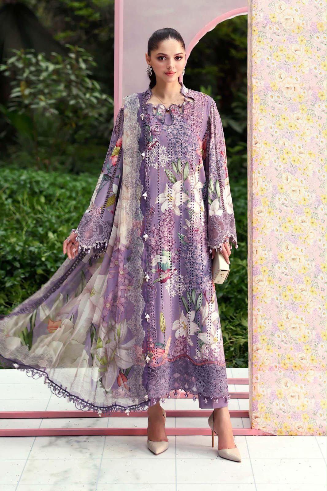 Printed Lawn Schiffli Embroidered 3-Piece Stitched Suit with Spangle Work & Chiffon Dupatta | Ready To Wear