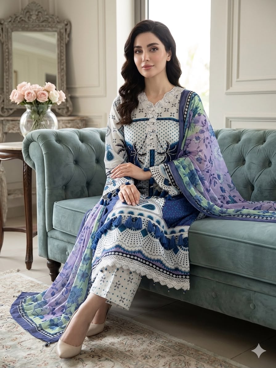 Embroidered Lawn 3-Piece Stitched Suit with Lace Details & Printed Chiffon Dupatta | Ready To Wear