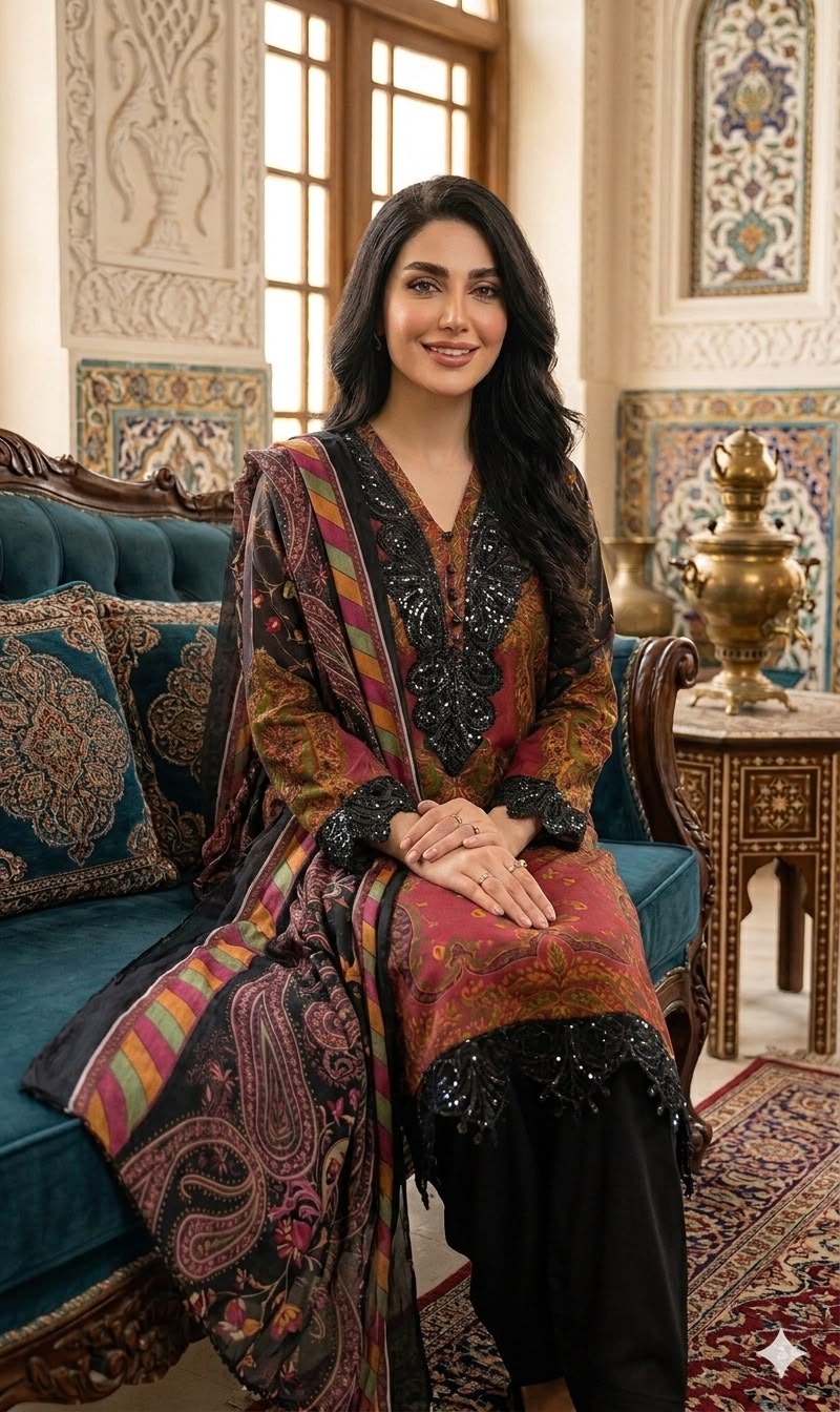 Embroidered Lawn 3-Piece Stitched Suit with Lace Details & Printed Chiffon Dupatta | Ready To Wear