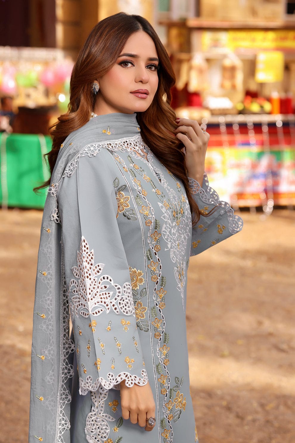 Luxury Chicken Kari 3-Piece Stitched Suit with Embroidered Patches & Chiffon Dupatta | Ready To Wear