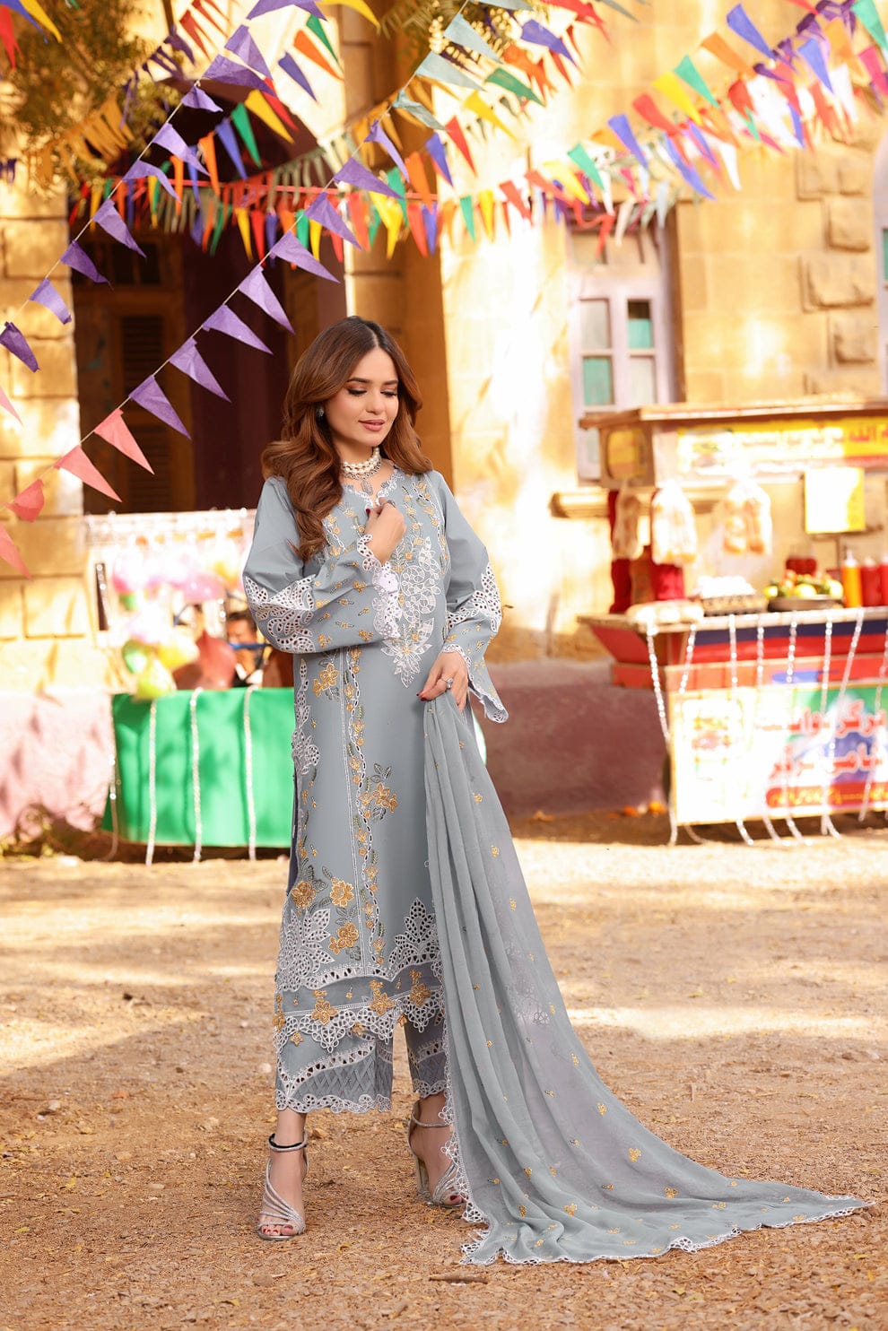 Luxury Chicken Kari 3-Piece Stitched Suit with Embroidered Patches & Chiffon Dupatta | Ready To Wear