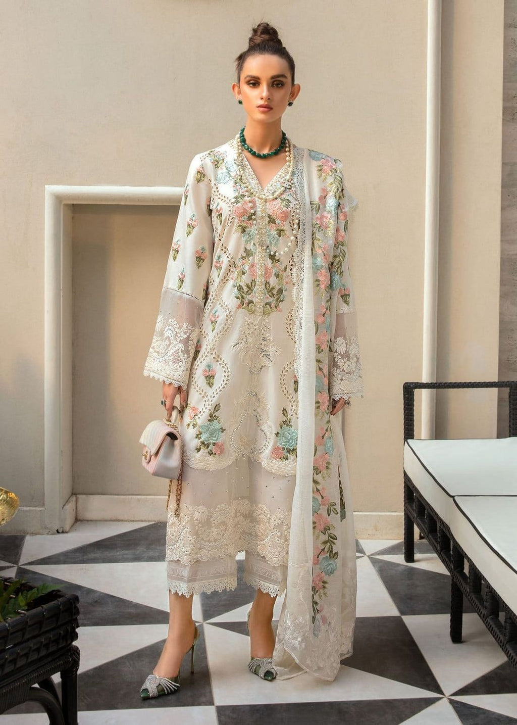 Heavy Embroidered Schiffli Lawn 3-Piece Stitched Suit with Organza Dupatta & Handwork | Ready To Wear