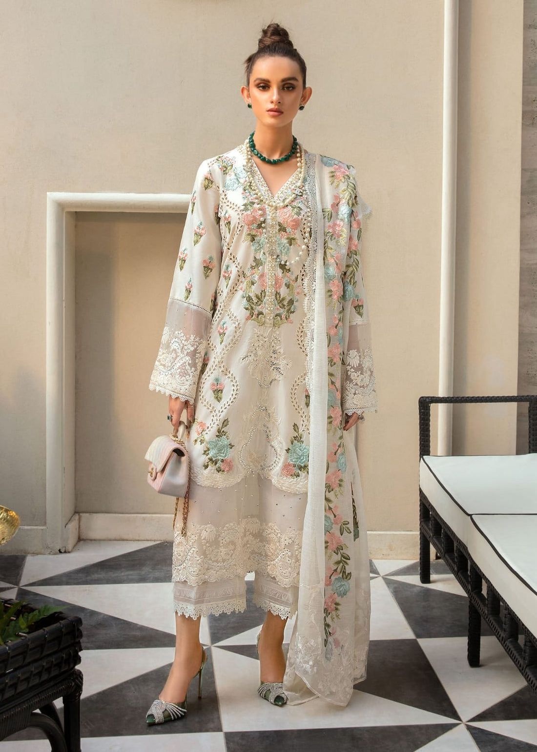Heavy Embroidered Schiffli Lawn 3-Piece Stitched Suit with Organza Dupatta & Handwork | Ready To Wear