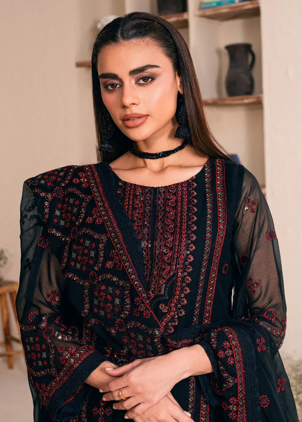 03 Piece Stitched Chiffon Embroidery Suit - Ready To Wear